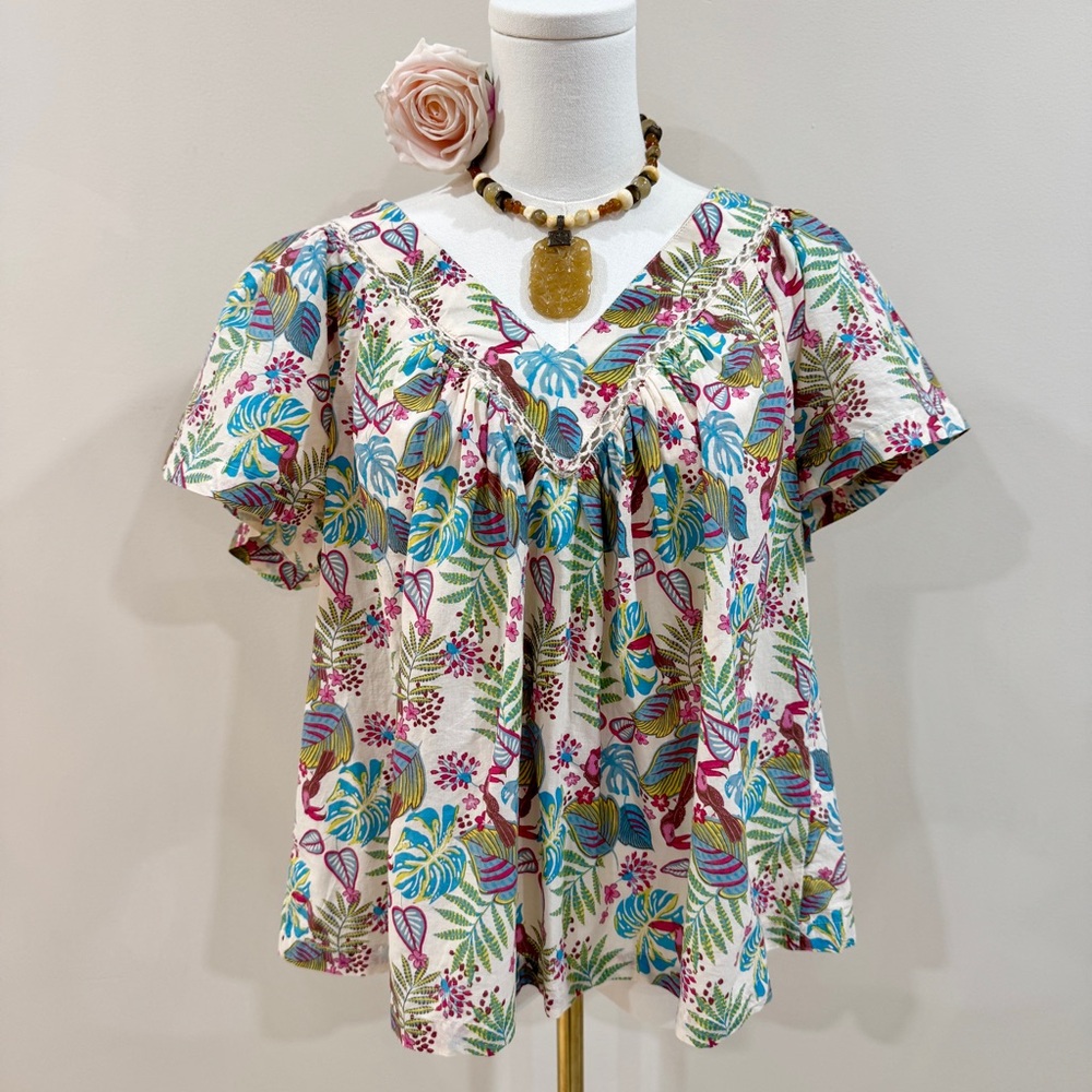 Haute Hippie Tropical Bird Flutter Sleeve Boho Peasant Top Cottagecore Size L